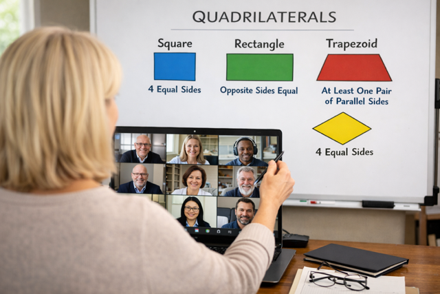 Jo Williams facilitating maths on Zoom with quadrilaterals on a whiteboard